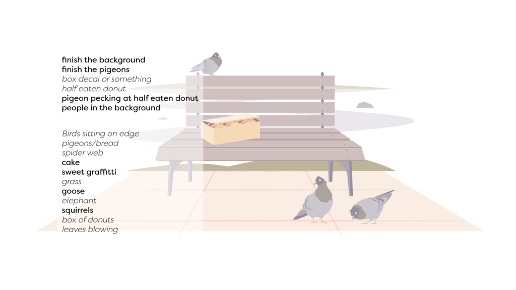 Park & Pigeons notes from stream, box decal, half eaten donut pigeon pecking at half eaten donut, people in the background, bird sitting on edge, pigeons and bread, spider web, cake, sweet graffiti, grass, goose, elephant, squirrels, box of donuts, and leaves blowing.