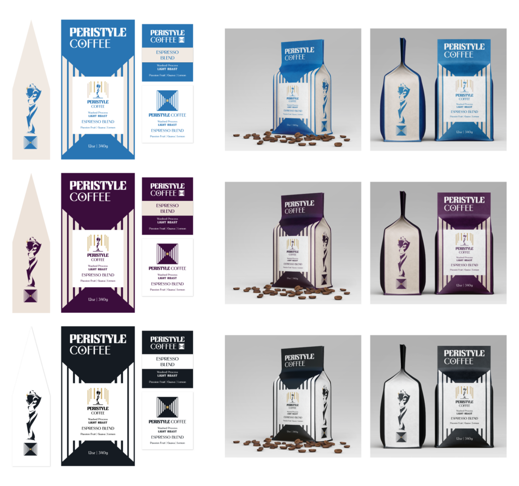Peristyle retail bag concepts. Left column dielines, right 2 columns mock-ups of 3/4 view, side, and front. Top row blue and gold design, Middle row purple and gold design. Bottom row black and gold design.