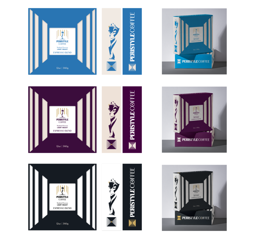 Peristyle subscription box concepts. Left column dielines, right column mock-ups. Top row blue and gold, middle purple and gold, bottom black and gold.