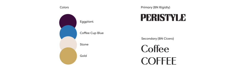 Color palette on the left, eggplant purple, coffee cup blue, stone white, and gold. Right, fonts, primary BR Rigidly, Secondary BN Cicero