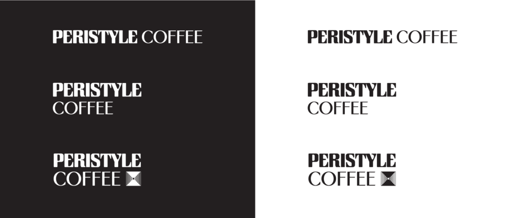 Peristyle logotype. Left side white over dark background, right side black over light background. Top logotype horizontal, middle, logotype stacked vertically, bottom logotype stacked vertically with primary logomark