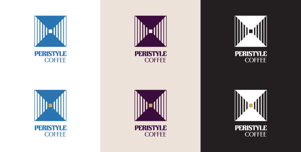 Peristyle primary logo, peristyle framing in perspective, high contrast, narrowing in on a square at the center, "Peristyle Coffee" below. Left column, blue one color and blue and yellow. Middle, purple one color, purple and gold over cream. Right white, and white and gold over black.