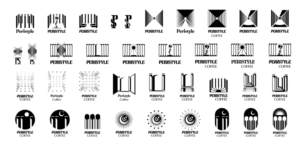 Peristyle logo concepts and sketches, black and white line and fill.