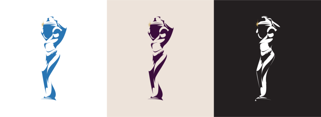 Peristyle statue, figure in high contrast holding a jug, star accent in the upper left of the jug. Left, blue and yellow. Middle, purple and gold over cream. Right white and gold over black.