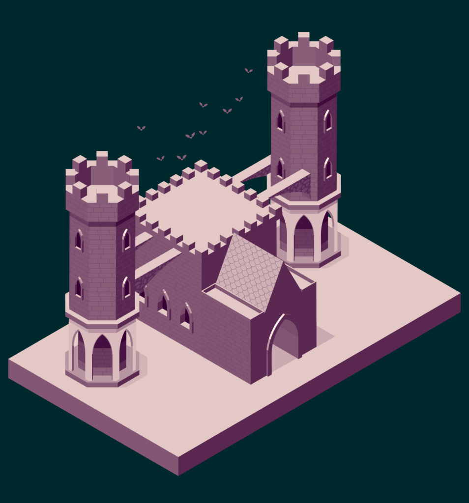 3D Isometric Art, final art, purple isometric castle, two towers joined by bridges to central building, bats flying overhead against a dark green background
