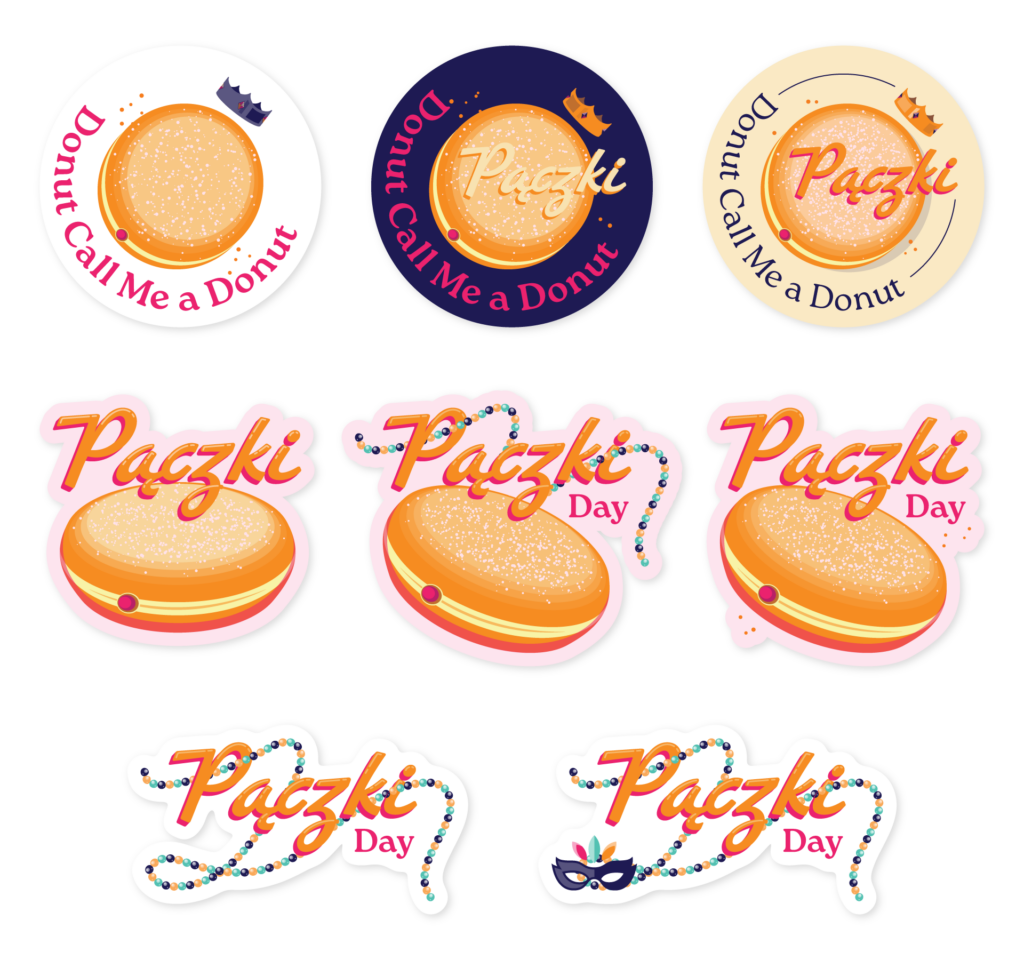 Pro Tips Die Cut Stickers final art, top row circle stickers, "donut call me a donut, paczki" raspberry filled paczki, top down, with a crown, circle sticker in white, navy, and cream. Middle row 3 Paczki Day stickers, 3/4 view raspberry filled paczki, against pink background, middle with Mardi Gras beads. Bottom row Paczki Day with Mardi Gras beads.