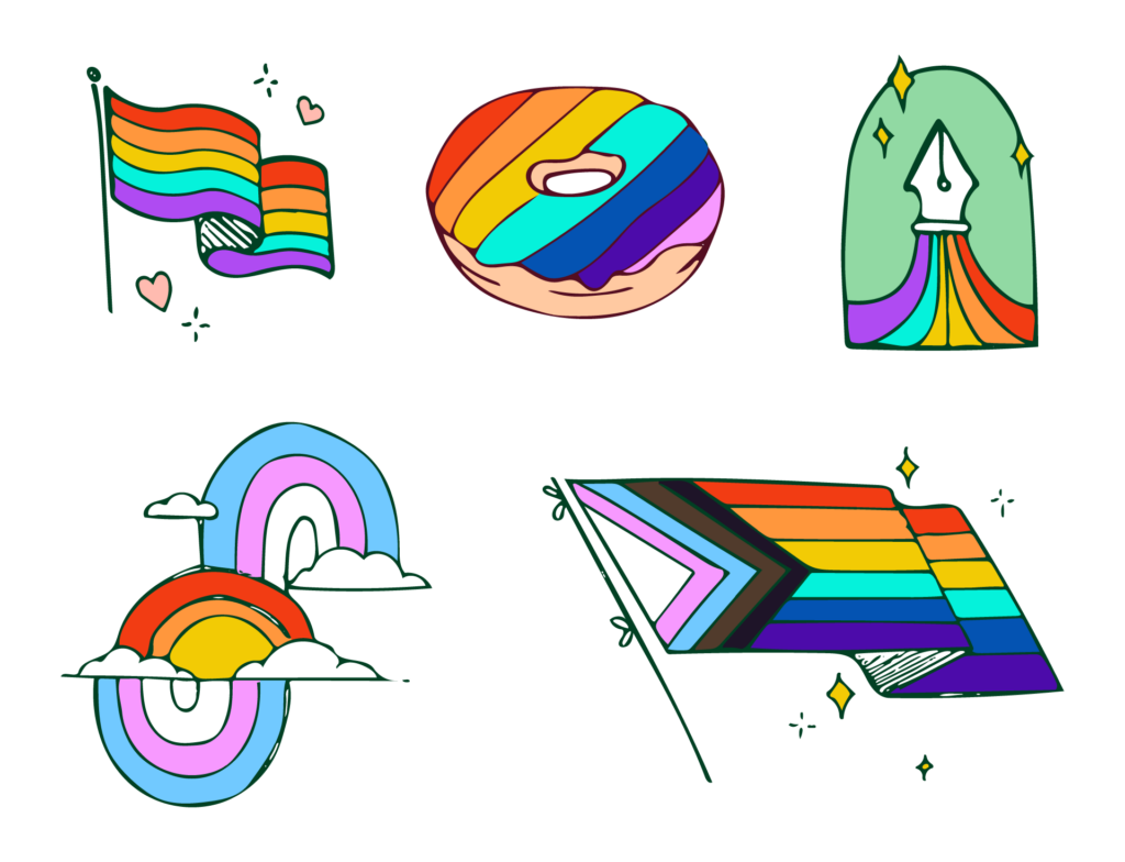 Pro Tips Die Adobe Capture, all final art in full color, top row, classic pride flag, rainbow donut, rainbow pen tool with sparkles, bottom row, rainbows connected in the middle by a sunrise, modern pride flag.