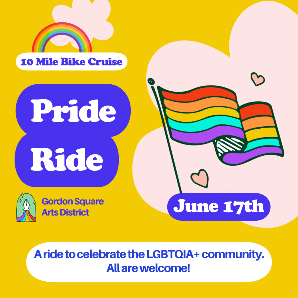 Pro Tips Adobe Capture, final social media event post in Adobe Express, yellow background, purple rounded rectangles with "pride ride, june 17th" placeholder copy for event details, off-white clouds in the background with full color pride flag and rainbow art overtop.