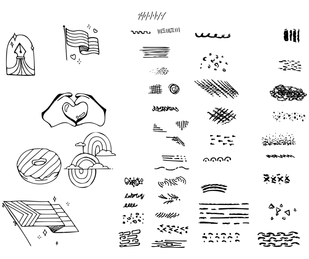 Pro Tips Adobe Capture original sketches, left side hand drawn art, pride flags, rainbow, rainbow donut, right side brushes