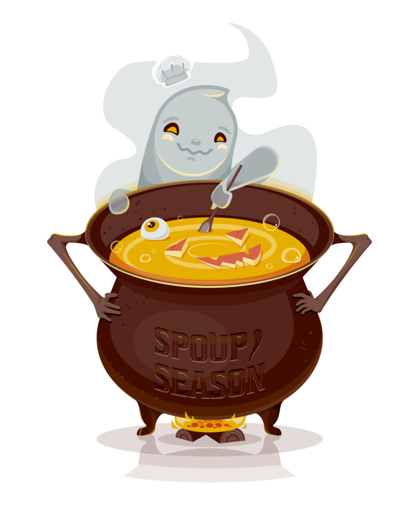 Spoup Season, final art, large brown cauldron with hands for handles, and with "spoup season" engraved on the surface. Fire underneath, pumpkin soup inside the cauldron with floating chunks of pumpkin, eyes, and bubbles. Friendly ghost stirring the pot with a wooden spoon, yellow light reflected on face, floating chef's hat, steam or smoke in the background.