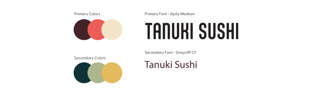 Tanuki Sushi final color palette on the left, primary colors maroon, red, cream, secondary colors green, sage green, gold. Right side primary font, aptly medium, secondary font greycliff cf