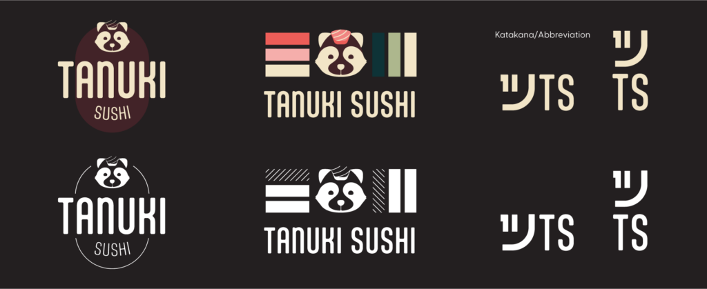 Tanuki Sushi logo variations on dark background, top row full color, bottom row one color. Left side badge style mark, mascot with "tanuki sushi" inside of an oval. Middle sushi block lock-up with mascot mark in the center, and "tanuki sushi" below. Right side Katakana/abbreviation.