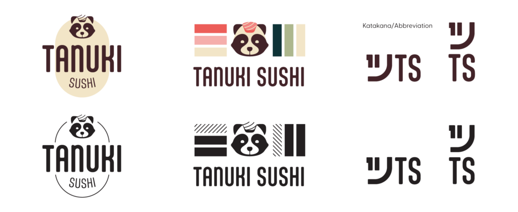 Tanuki Sushi logo variations on light background, top row full color, bottom row one color. Left side badge style mark, mascot with "tanuki sushi" inside of an oval. Middle sushi block lock-up with mascot mark in the center, and "tanuki sushi" below. Right side Katakana/abbreviation.