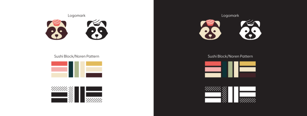 Tanuki Sushi mascot mark, tanuki with salmon on head, and block pattern. Left side full color and one color on light background. Right side full color and one color one dark background.