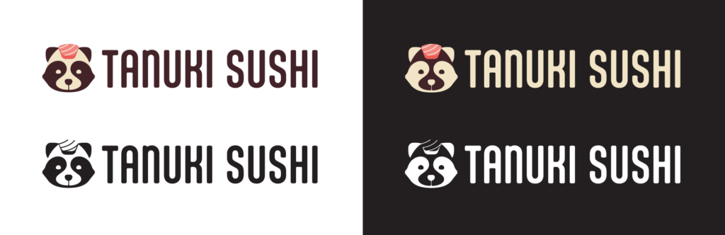 Tanuki Sushi logotype with mascot mark, tanuki with salmon on head. Left side full color and one color on light background. Right side full color and one color one dark background.