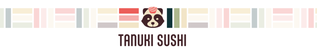 Tanuki Sushi title, logo framed by block pattern, logotype underneath