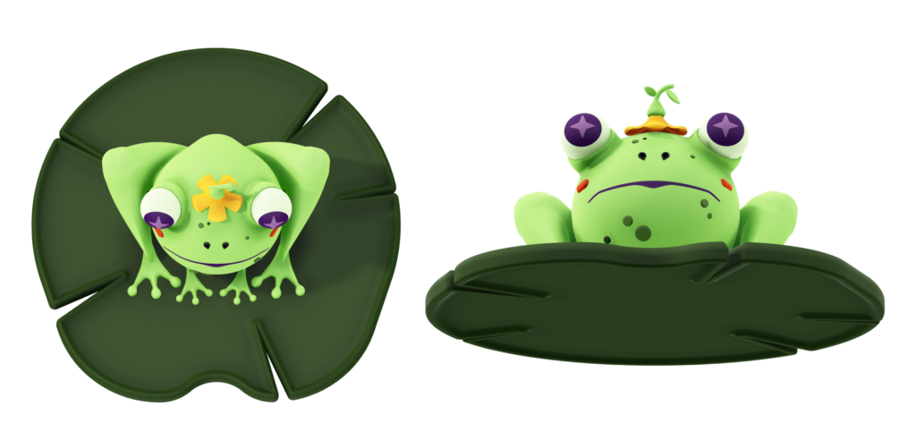 Terrence the Frog, final art. 3D green. Left top down view, Right front view tilted up slightly.