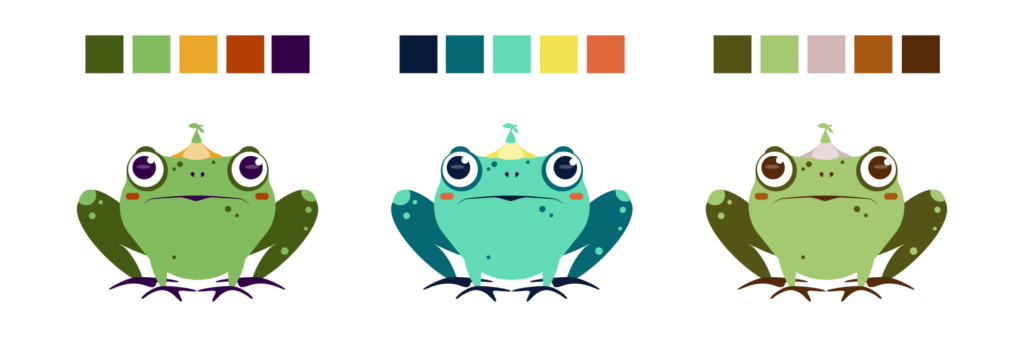 Terrence the Frog, final vector. frog with spots, line eyes, slightly downturned expression, focused, upside down flower on head as a hat. From left to right different color palettes, first classic green, oranges, and dark purple, middle vibrant teals, and yellow, right earth tones green, browns, and pink.