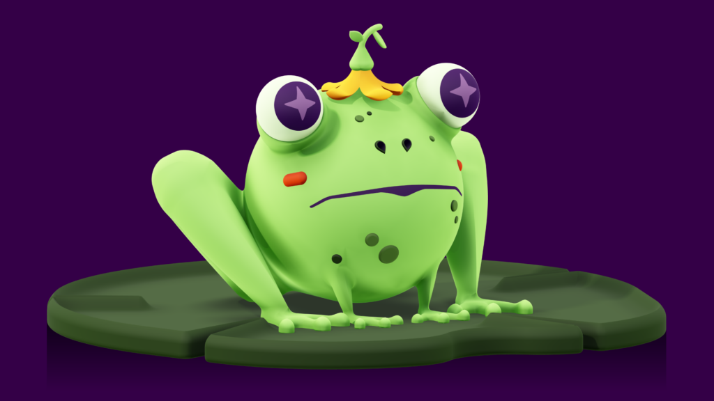 Terrence the Frog, final art. 3D green frog with dark green spots, siting on a lily pad. Starshaped eyes, slightly downturned expression, focused, yellow upside down flower on head as a hat.