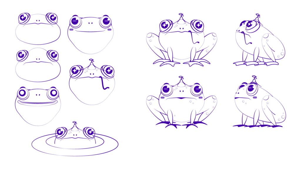 Terrence the Frog, sketches. Left side different facial expressions and styles. Longer and shorter face, happy, sad, tongue out. Bottom final frog face style peaking out from water. Right side frog full body sketches, front and side views, different style feet outline or solid, different facial expressions.