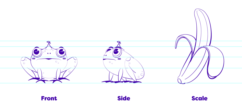 Terrence the Frog, turnaround sketch, front view, side view, and banana for scale.