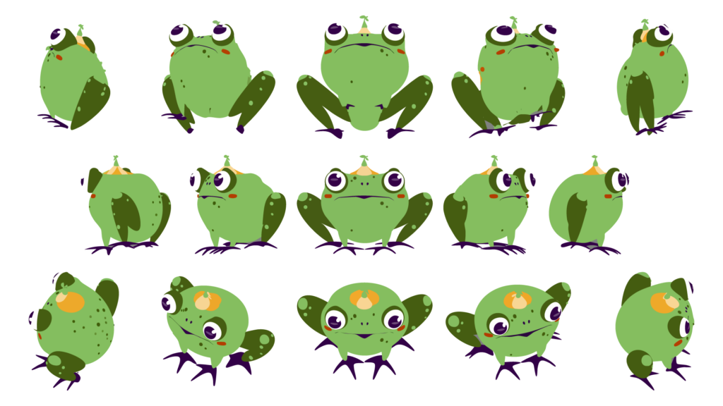 Terrence the Frog, exploded view of character turnaround using Adobe Illustrator turntable beta. Middle is original frog character, middle row static images rotated left and right, top row rotated up left and right, and bottom row rotated down left and right.