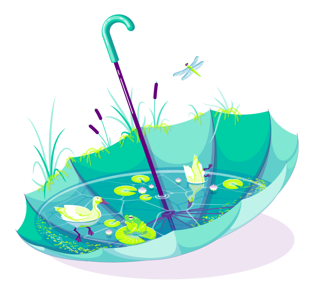 Umbrella Duck Pond, final art, green umbrella upside down, duck weed and cat tails growing up behind and over the back edge, dragonfly flying above. Inside the umbrella holds water, ducks swimming and diving, lilly pads and lotus flowers float, a frog sits on a lilly pad, and duck weed floats around the edges.