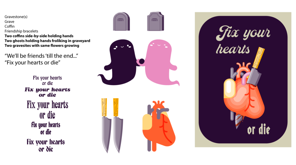 Valentine's Day 2025 Tarot Cards, notes on the right about visuals, bottom left font exploration, middle art assets, gravestones, ghosts holding hands, knives, heart. Right side initial layout for "fix your hearts or die" card, purple background with heart stabbed by knife illustration.