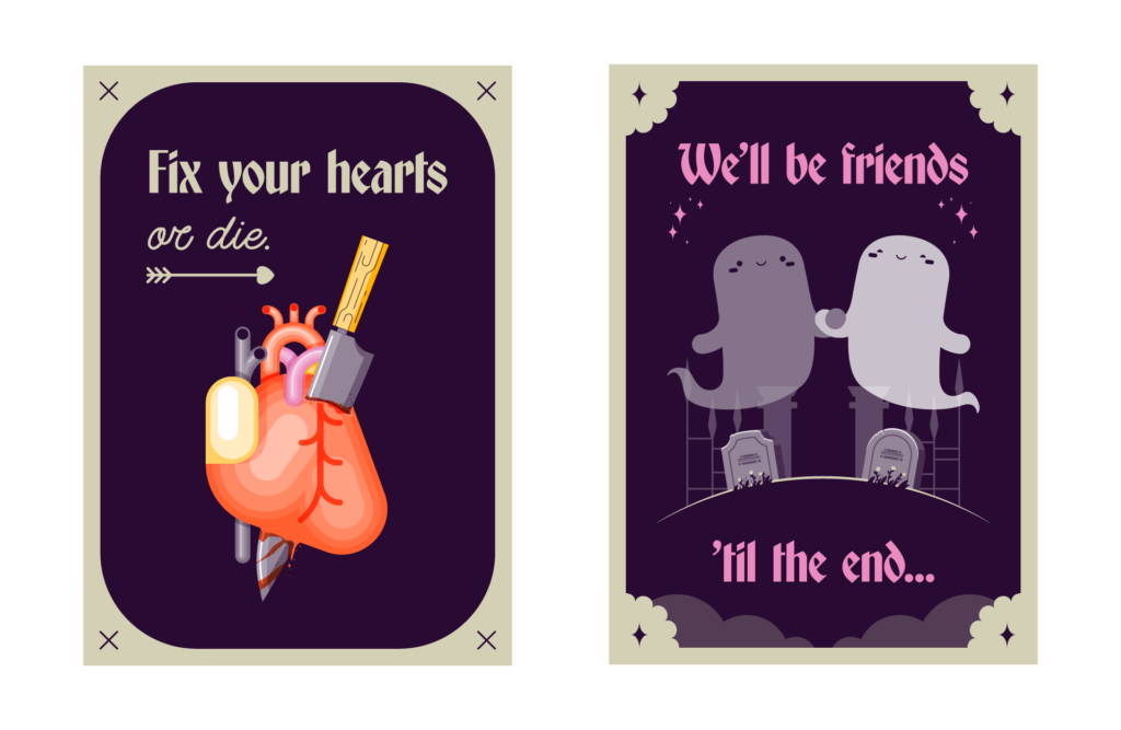 Valentine's Day 2025 Tarot Cards, final cards. Left card "fix your hearts or die" with arrow pointing towards a stylized heart illustration stabbed by a knife. Purple card with cream background, "x's" in the corners. Right card "we'll be friends 'til the end..." surrounded by pink sparkles at the top, pink clouds at the bottom. Two ghosts holding hands in a graveyard, monochromatic purple on a purple background, cream card, with sparkles in the corners.