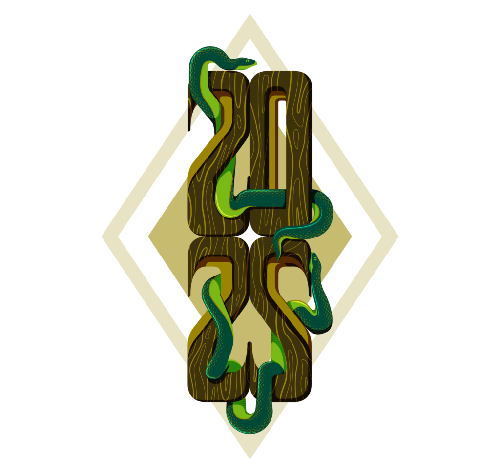 Wood Serpent Lunar NY 2025, final art, vertically stacked 2025 made out of wood with yellow line work wood grain, interior carved edges and shading, 2 green snakes with gold scales weave through the top and bottom numbers. Gold diamond in the background.