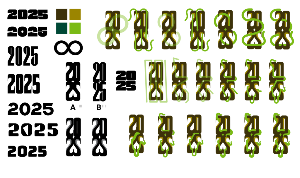 Wood Serpent Lunar NY 2025, sketches, Left side fonts and color palette, right side working out the weaving of the snake through the letters