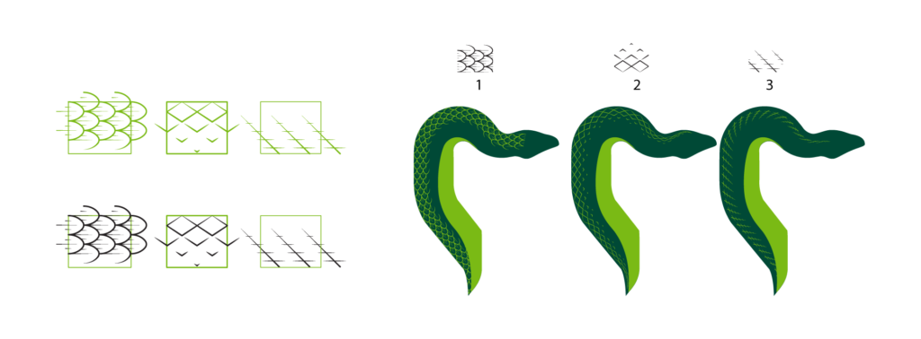 Wood Serpent Lunar NY 2025, snakeskin pattern brush samples. Left side 3 designs, traditional round scales, diamond scales, hatched lines hinting at scales. Right side 3 versions on snake sample to test.