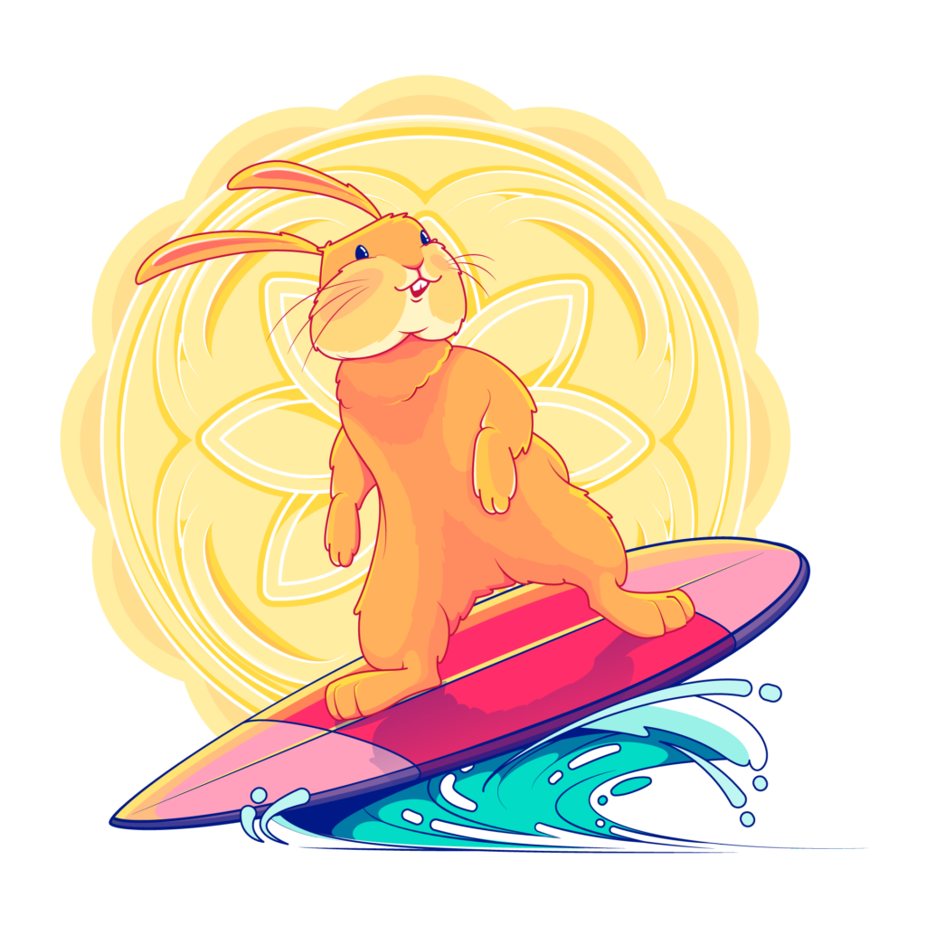 Lunar New Year, Water Rabbit, final art, yellow mooncake sun in the background, orange rabbit in the foreground standing on a pink surfboard, small blue wave below.