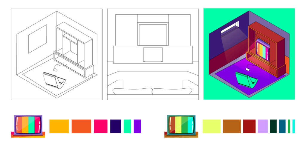 ChipSong Book Volume 13 by Yoann Turpin, composition sketches and color study. Top row room layouts in line, and color test on far right. Bottom row color palette test, left brighter more vibrant color palette, right duller more vintage color palette