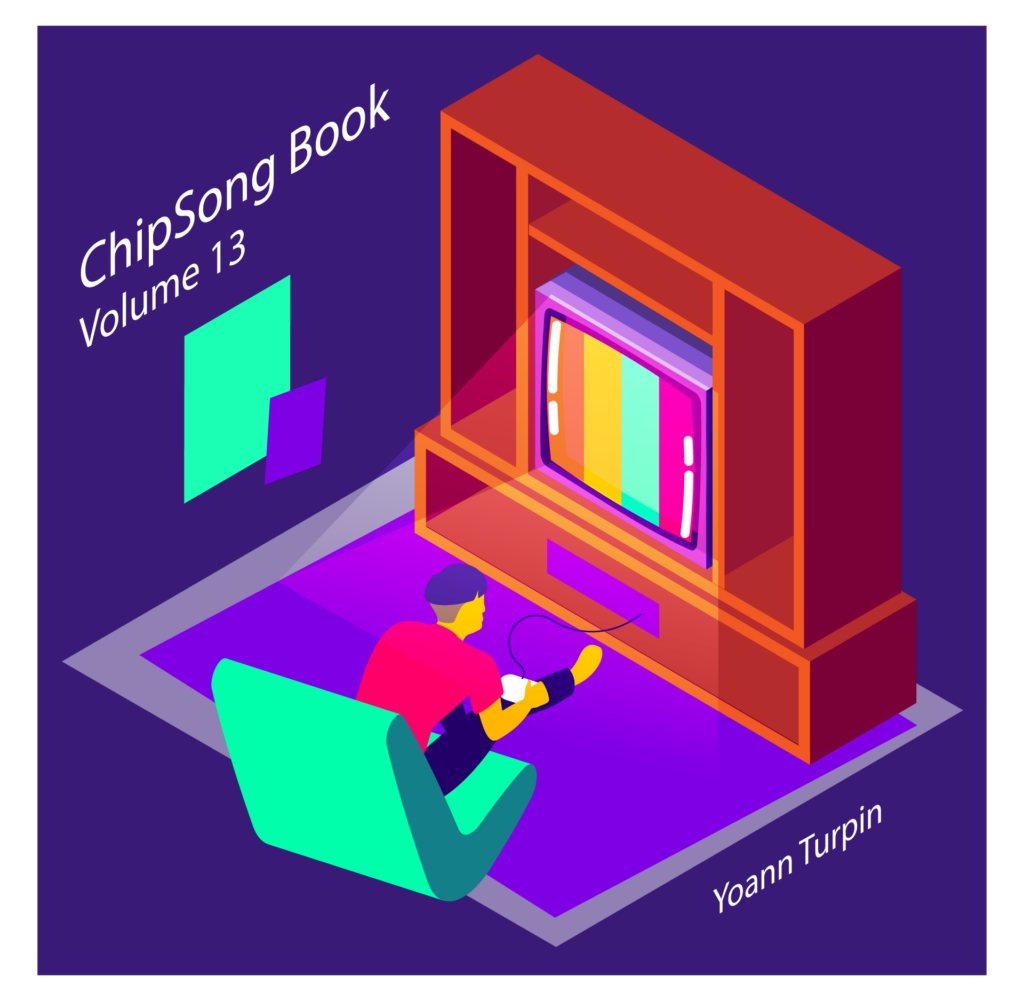 ChipSong Book Volume 13 by Yoann Turpin, Final flat color study, isometric room with isometric album title and artist name. Large entertainment center, TV, boy in gaming chair