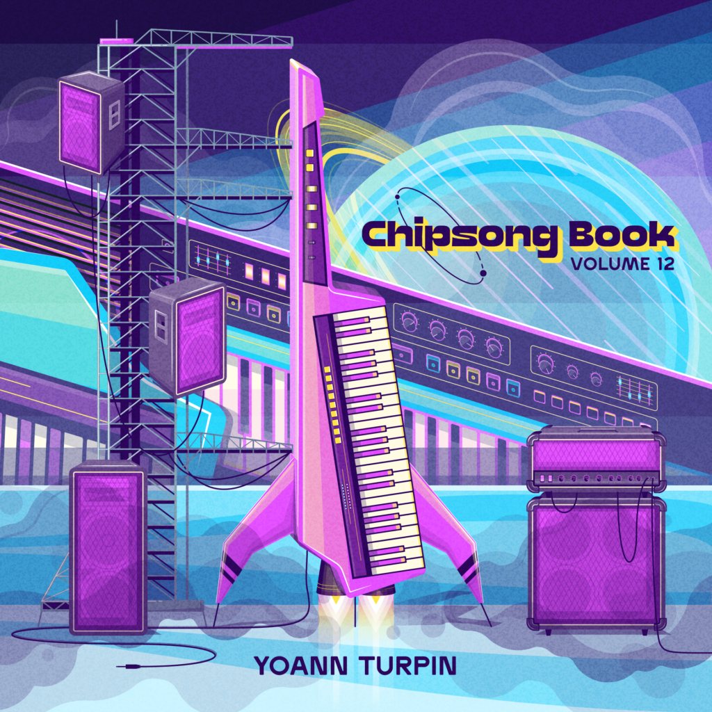 Chipsong Book Volume 12 by Yoann Turpin final art, purple, pink, yellow, and blue, sci-fi landscape with large planet in the background framing the album title. Keyboard mountain in the midground. Foreground keyboard guitar rocket ship with amps on the launchpad, and smoke from ignition.