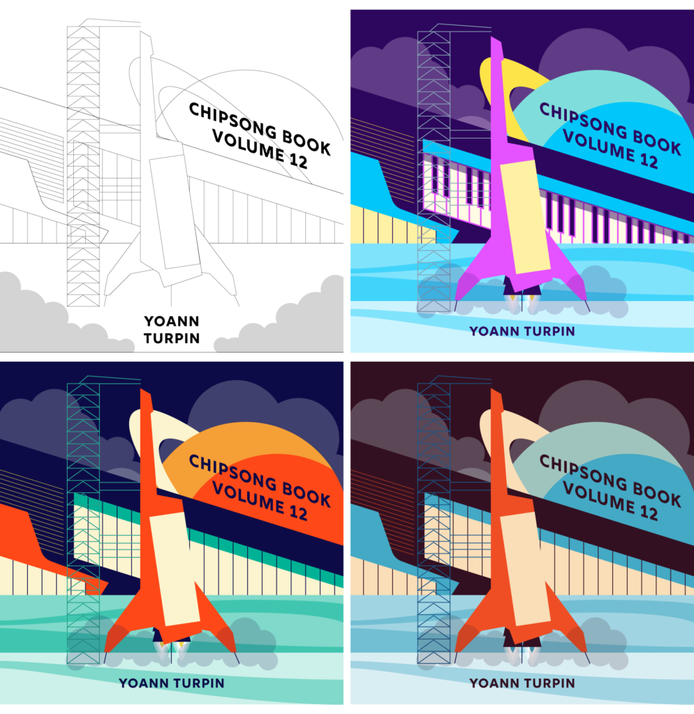 Chipsong Book Volume 12 sketches and color tests. Top left black and white line, top right, purple, pink, blue color palette. Bottom left navy blue, orange, yellow, and teal color palette. Bottom right maroon, blue, cream, and orange color palette.