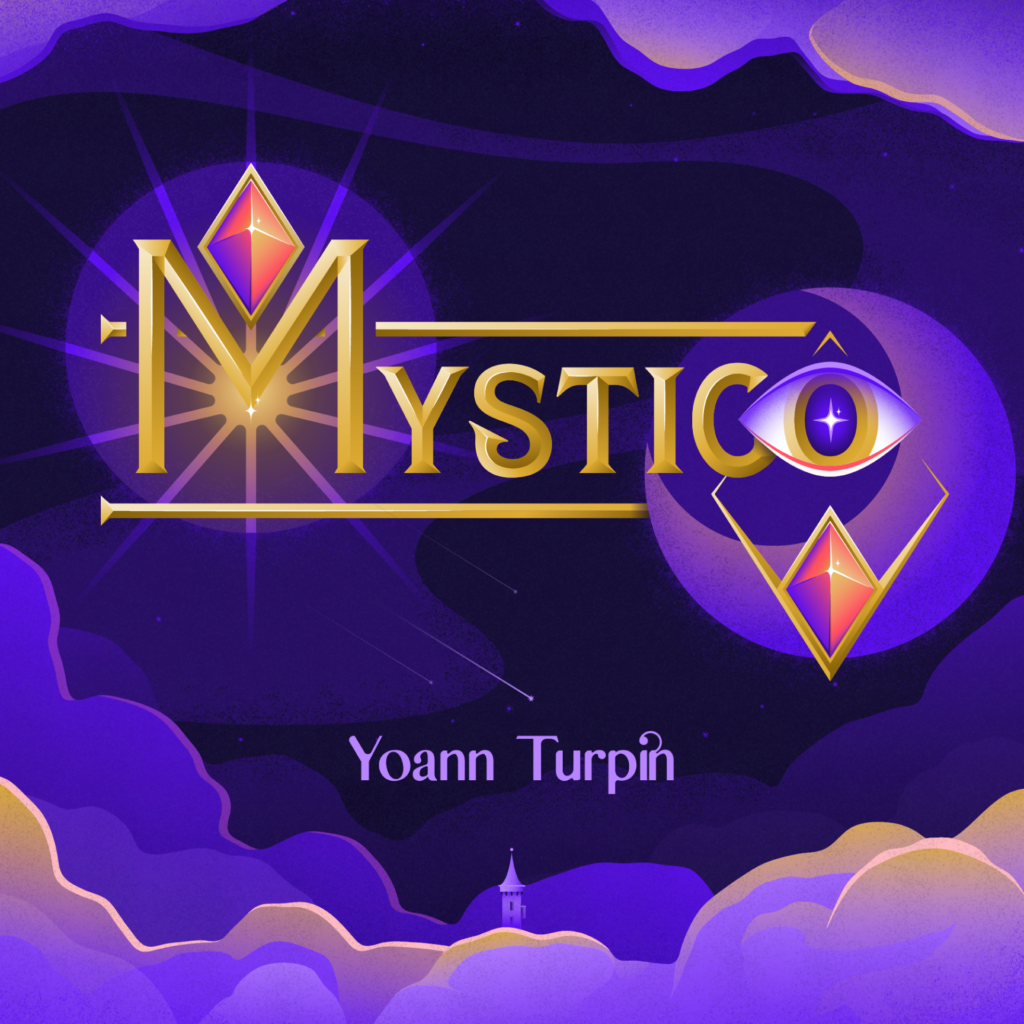 Mystico by Yoann Turpin, gold beveled album title with red gemstones framing the "M" and "O." The "M" is also surrounded by sun rays while the "O" is an eye with a sparkle in the center surrounded by the moon. Clouds along the border with a small tower pointing towards the artist's name. Purple and gold color palette.