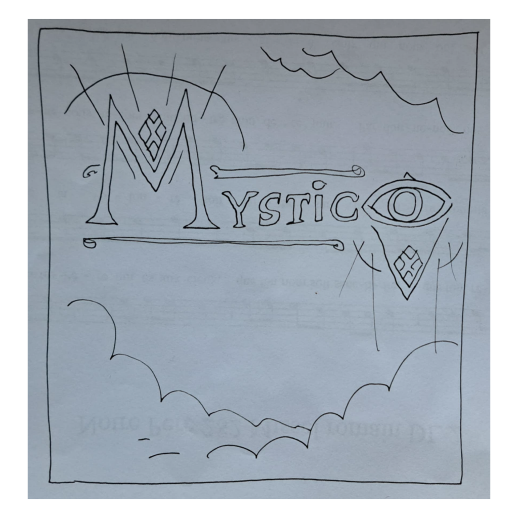 Mystico by Yoann Turpin, Yoann's sketch, black and white line, gemstones framing the "M" and "O." The "M" is also surrounded by sun rays while the "O" is an eye with a sparkle in the center surrounded by the moon. Clouds along the border.
