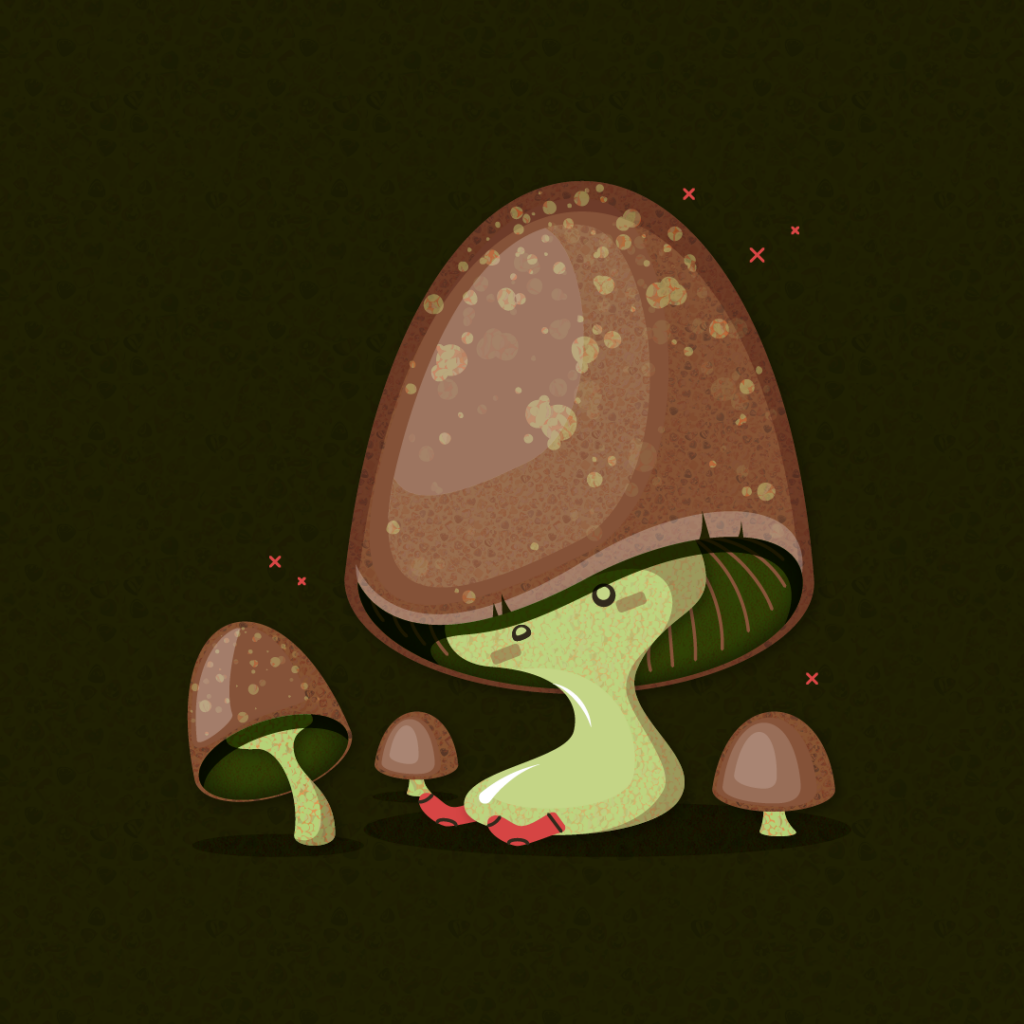 Recolor and style of original toadstool illustration, mushroom character with large red cap and red socks surrounded by small mushrooms on a green background. Texture overlaid ontop.