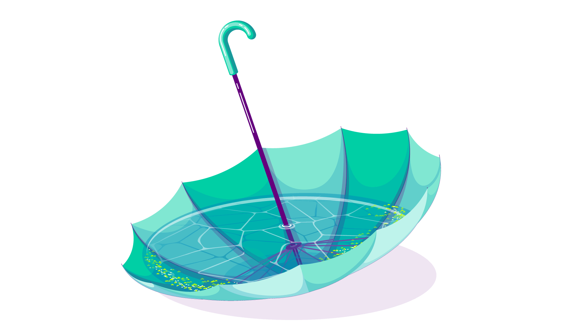 Umbrella Duck Pond, final art layers animation. Green umbrella upside down first. Duck weed and cat tails growing up behind and over the back edge and dragonfly flying above second. Inside the umbrella holds water, ducks swimming and diving, lilly pads and lotus flowers float, a frog sits on a lilly pad, and duck weed floats around the edges, Third.