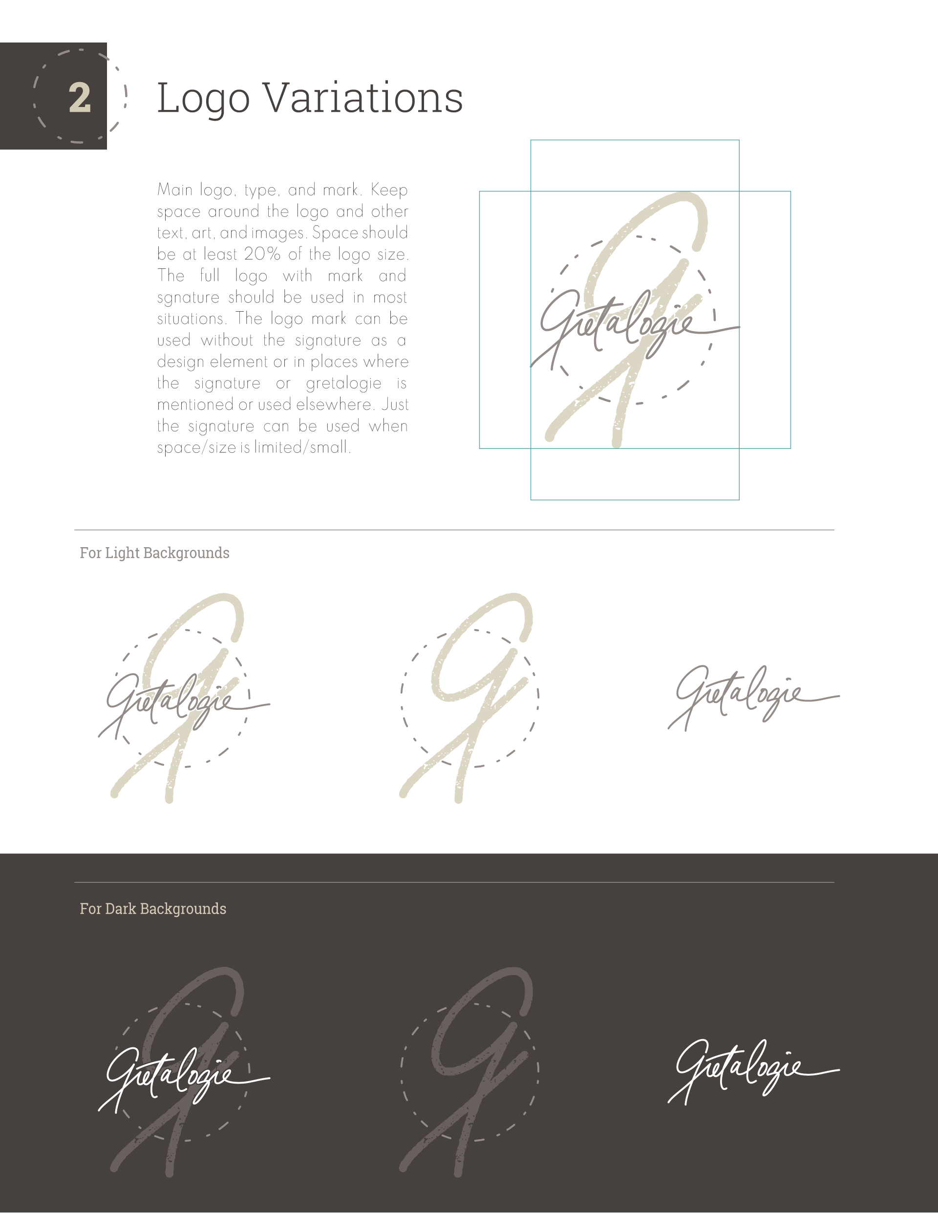 Gretalogie, logo variations, logo lock-up, mark, logotype on light and dark backgrounds.