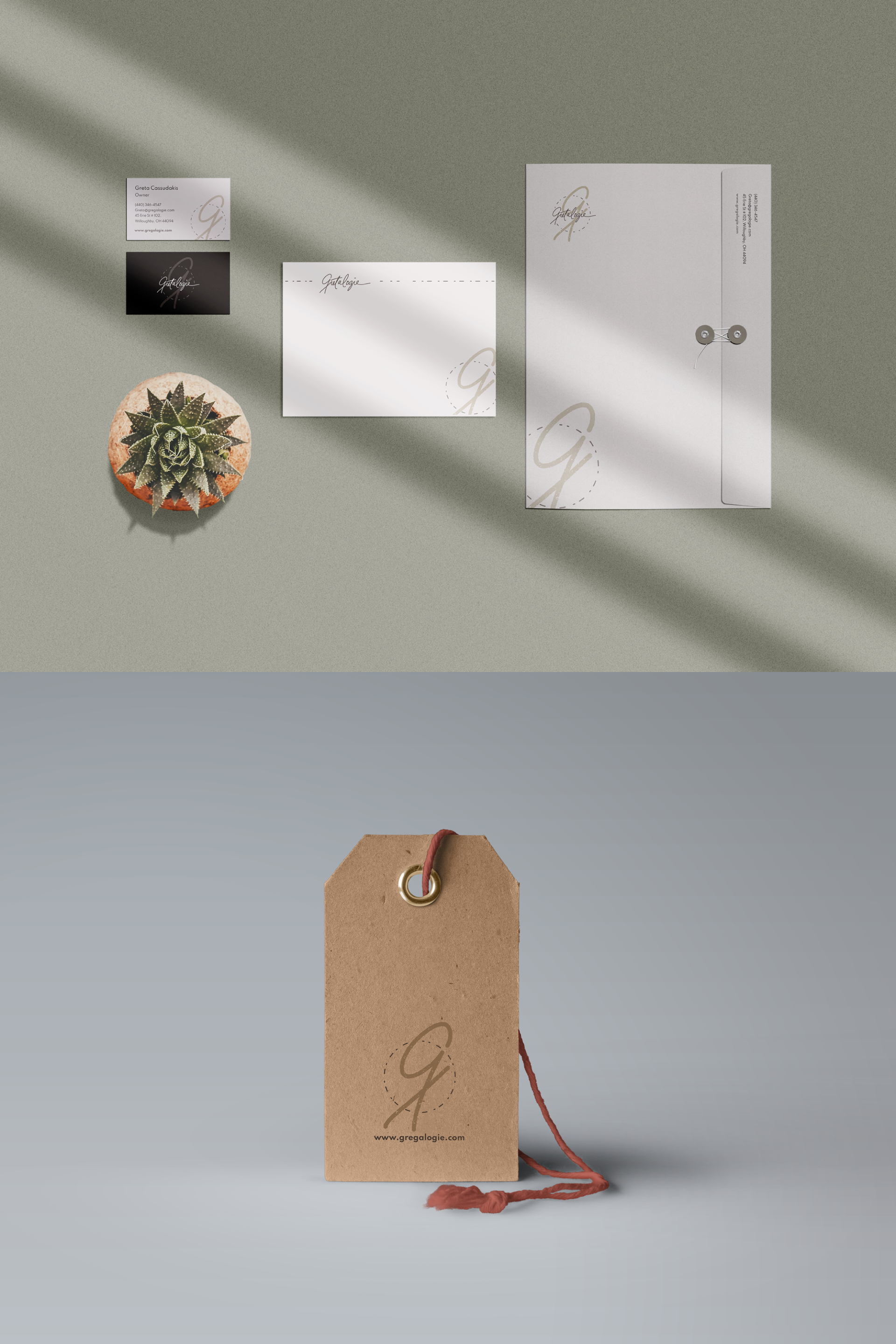 Gretalogie, mock-ups. Stationary and product hangtag.