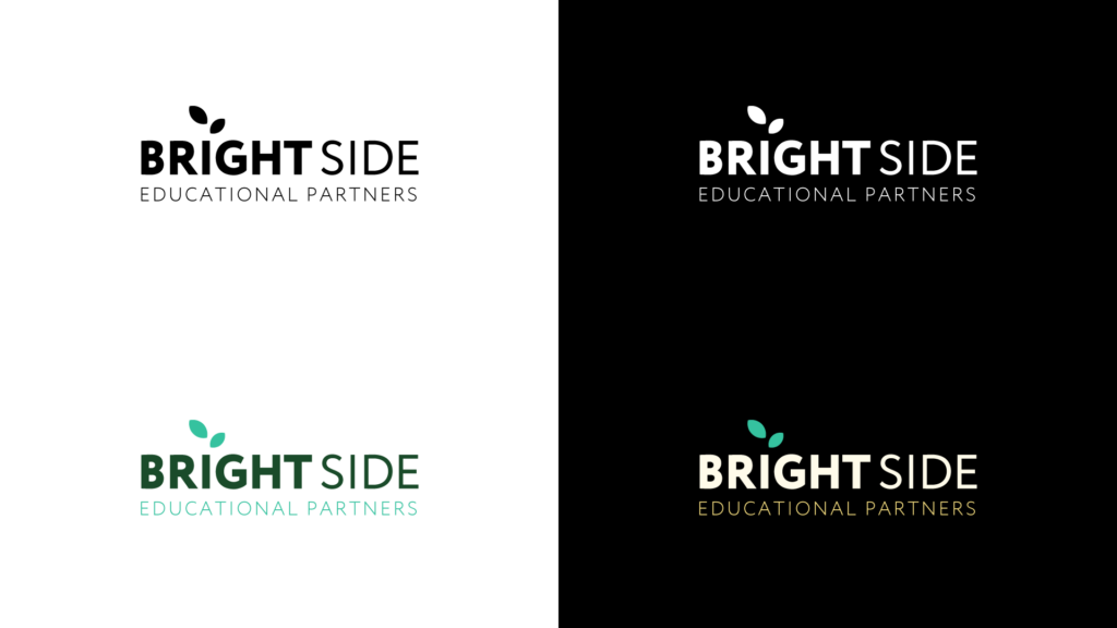 Brightside Educational Partners Branding, logotype with leaf alternative mark over the "i" on dark and light backgrounds, full color and one color