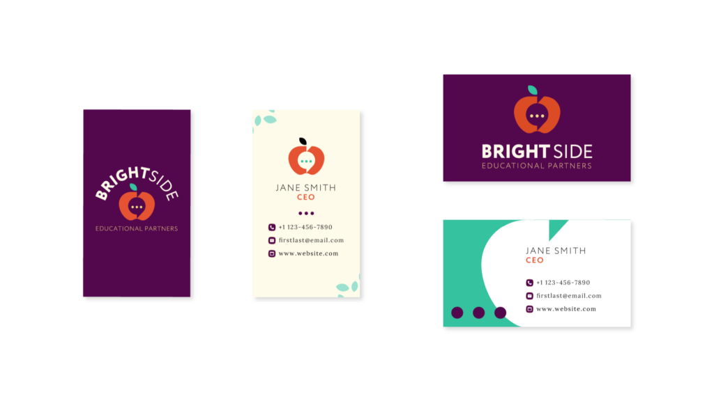 Brightside Educational Partners Branding, business card mock-ups, vertical and horizontal versions with placeholder copy. Purple background with logo, vertical back with logo and leaves, horizontal back with large negative space apple on green with purple ellipses
