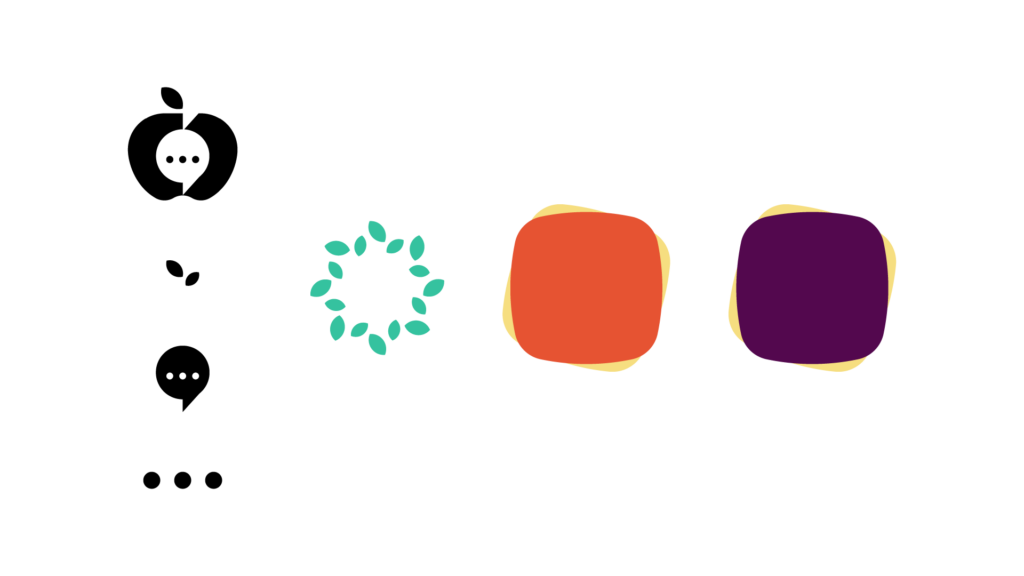 Brightside Educational Partners Branding, icons and illustrations, breakdown of the apple logomark, leaves, speech bubble, and ellipses separated out. Leaves in a wreath pattern, and stacked rounded rectangles.