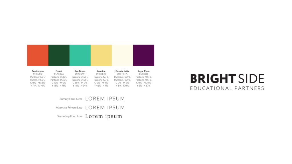 Brightside Educational Partners Branding, color palette, persimmon, forest green, sea green, jasmine, cosmic latte, and sugar plum. Primary font Circe, alternate primary Lato, secondary font, lora