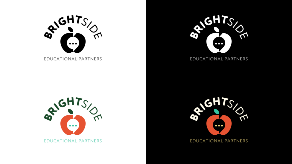 Brightside Educational Partners Branding, badge logo with "Brightside" in an arc above "educational partners" below on dark and light backgrounds, full color and one color
