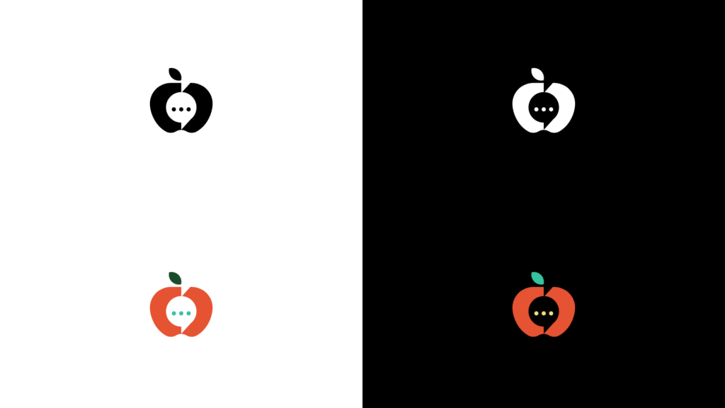 Brightside Educational Partners Branding, logomark apple with speech bubble cutout, and ellipses in the center, on dark and light backgrounds, full color and one color