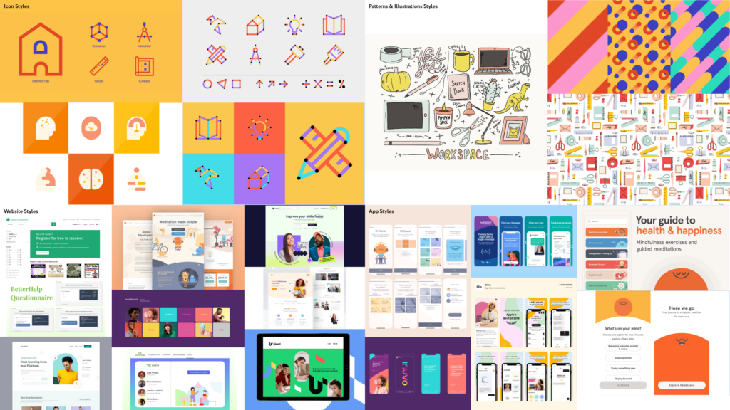 Brightside Educational Partners Branding, moodboards for icons, illustrations, patterns, website, and app styles